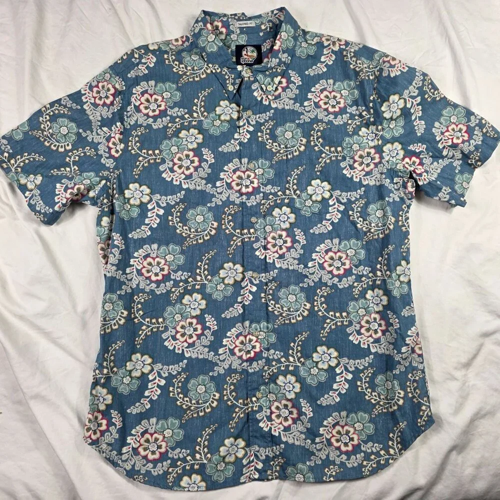 Reyn Spooner Furoshiki Floral Shirt Tailored Fit Mens Size XL Blue Casual Aloha
